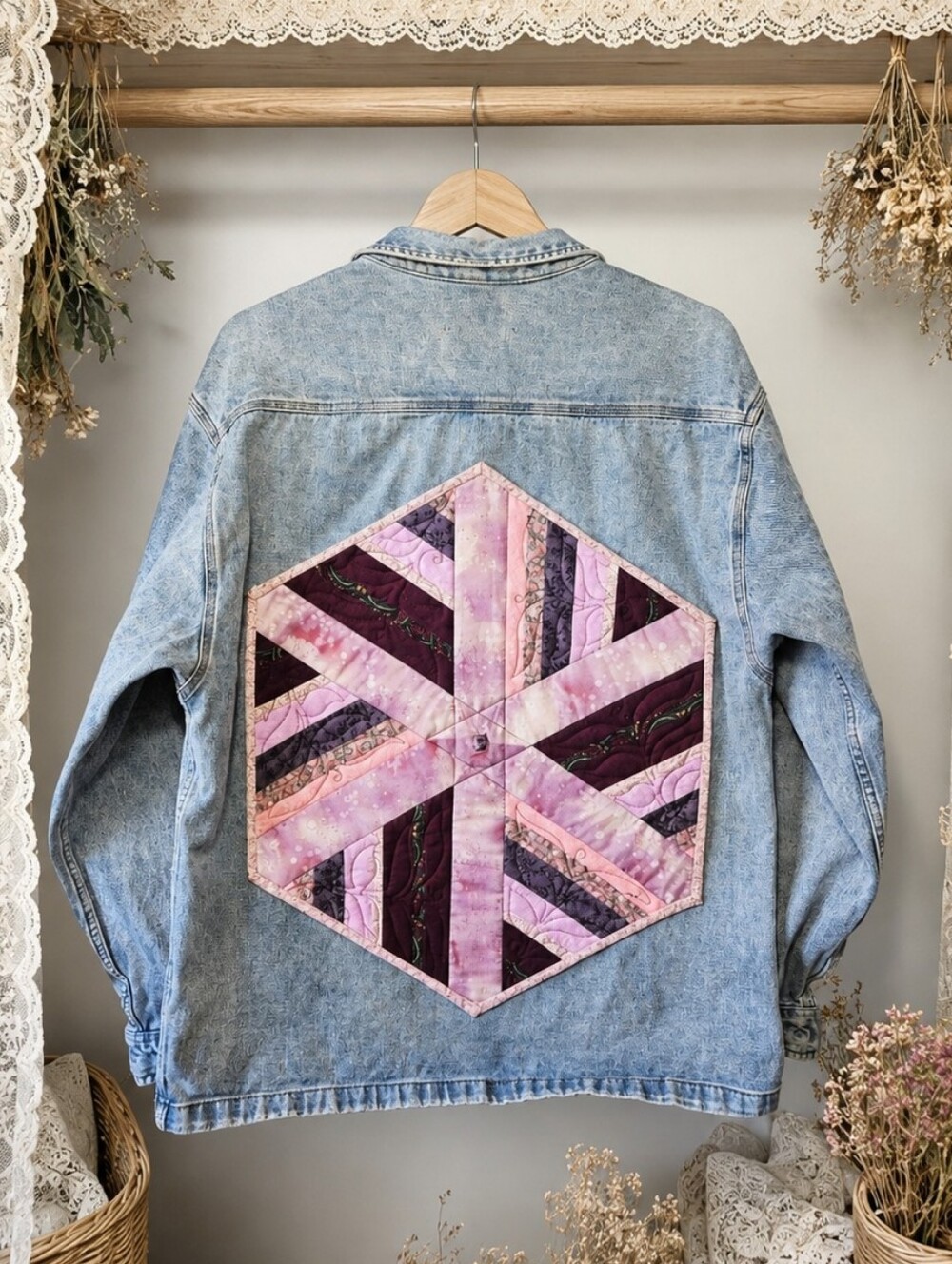 Patchwork Quilted Jean Jacket Size XL Upcycled Boho Oversized Fit